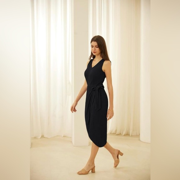 GRACE KARIN Women's Casual Knit Dress Sleeveless Summer V Neck Tie Waist Ribbed - Picture 4 of 8